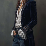 Veste Longue Vintage Brodée Marine pour Femmes