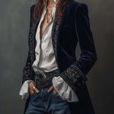 Veste Longue Vintage Brodée Marine pour Femmes