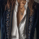 Veste Longue Vintage Brodée Marine pour Femmes