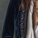 Veste Longue Vintage Brodée Marine pour Femmes