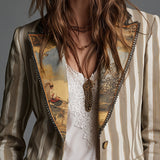 Blazer à Revers Imprimé Rayé pour Femmes