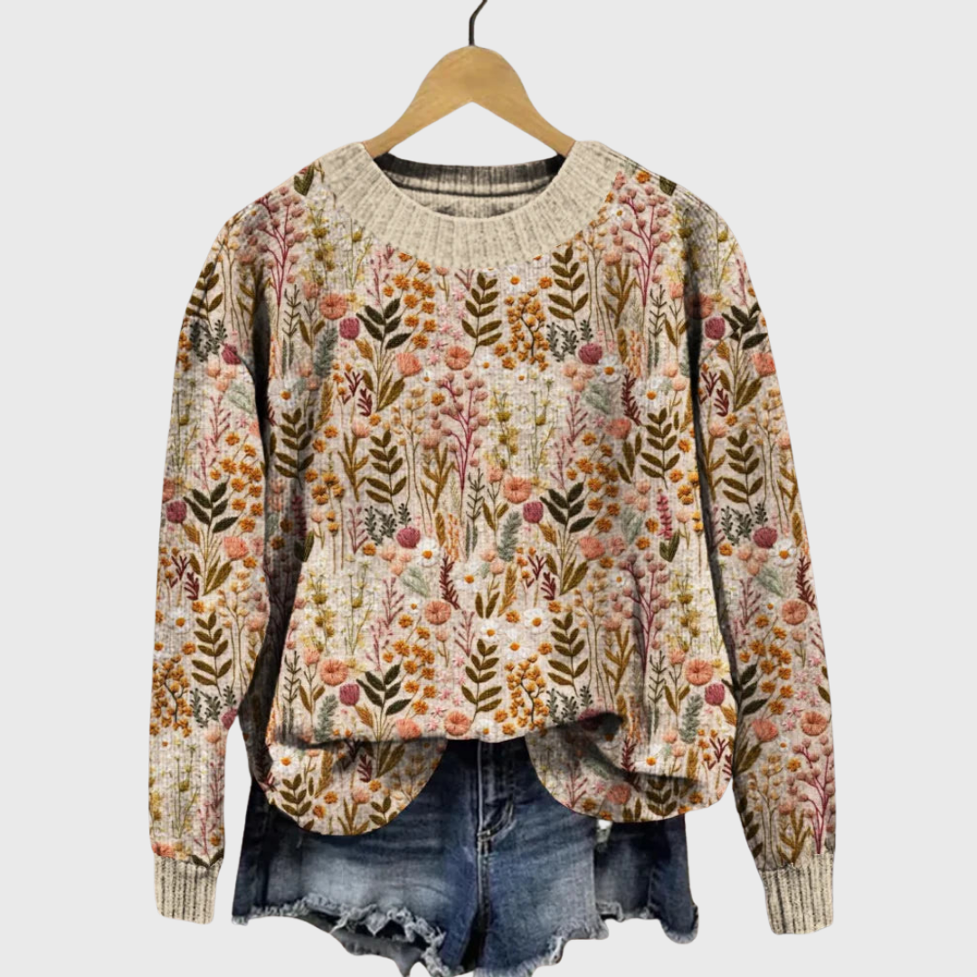Marion | Pull kaki tout doux à motif floral