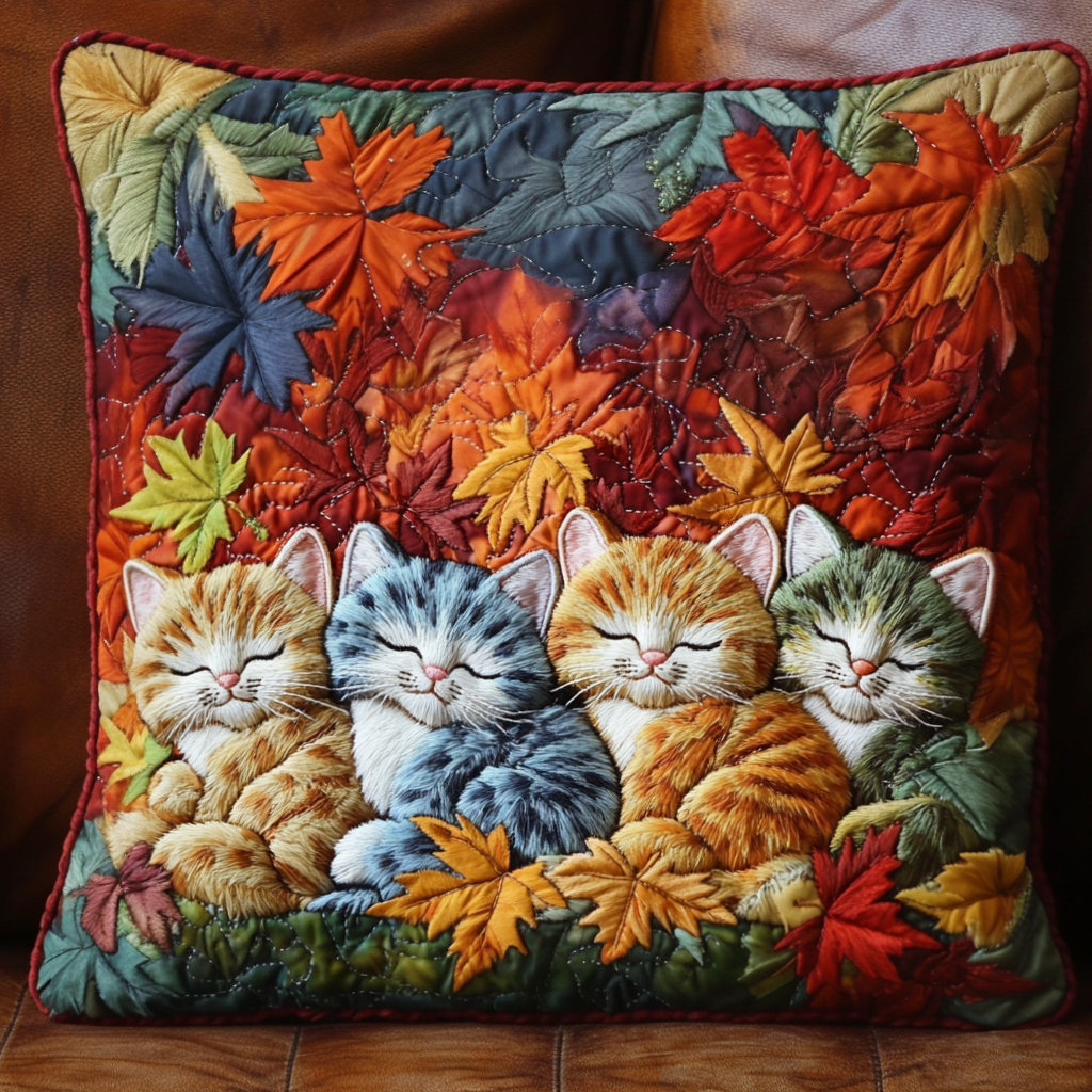 Housse de coussin matelassée - Chat douillet d'automne