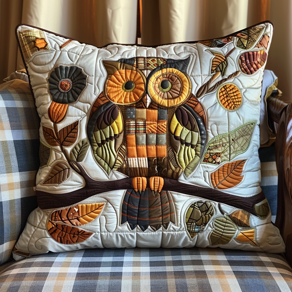 Housse de coussin matelassée - Hibou d'automne