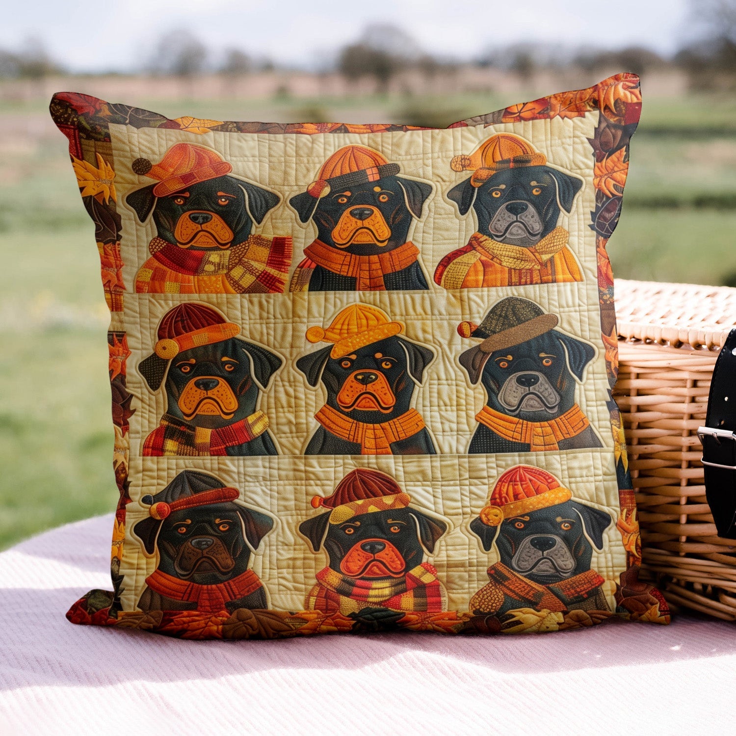 Housse de coussin matelassée - Rottweiler aux feuilles, vue 2