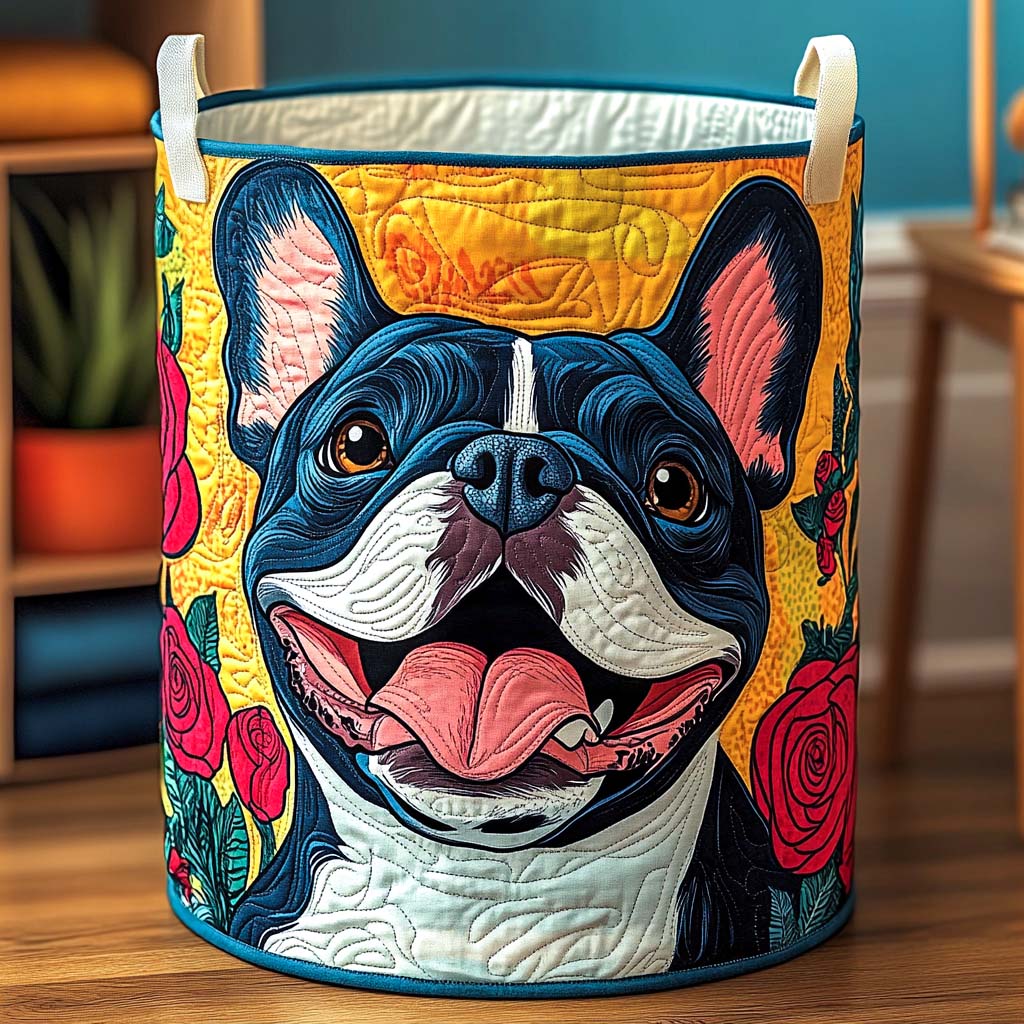Panier à linge matelassé Sourire fleuri du bouledogue français – Manon Deauville