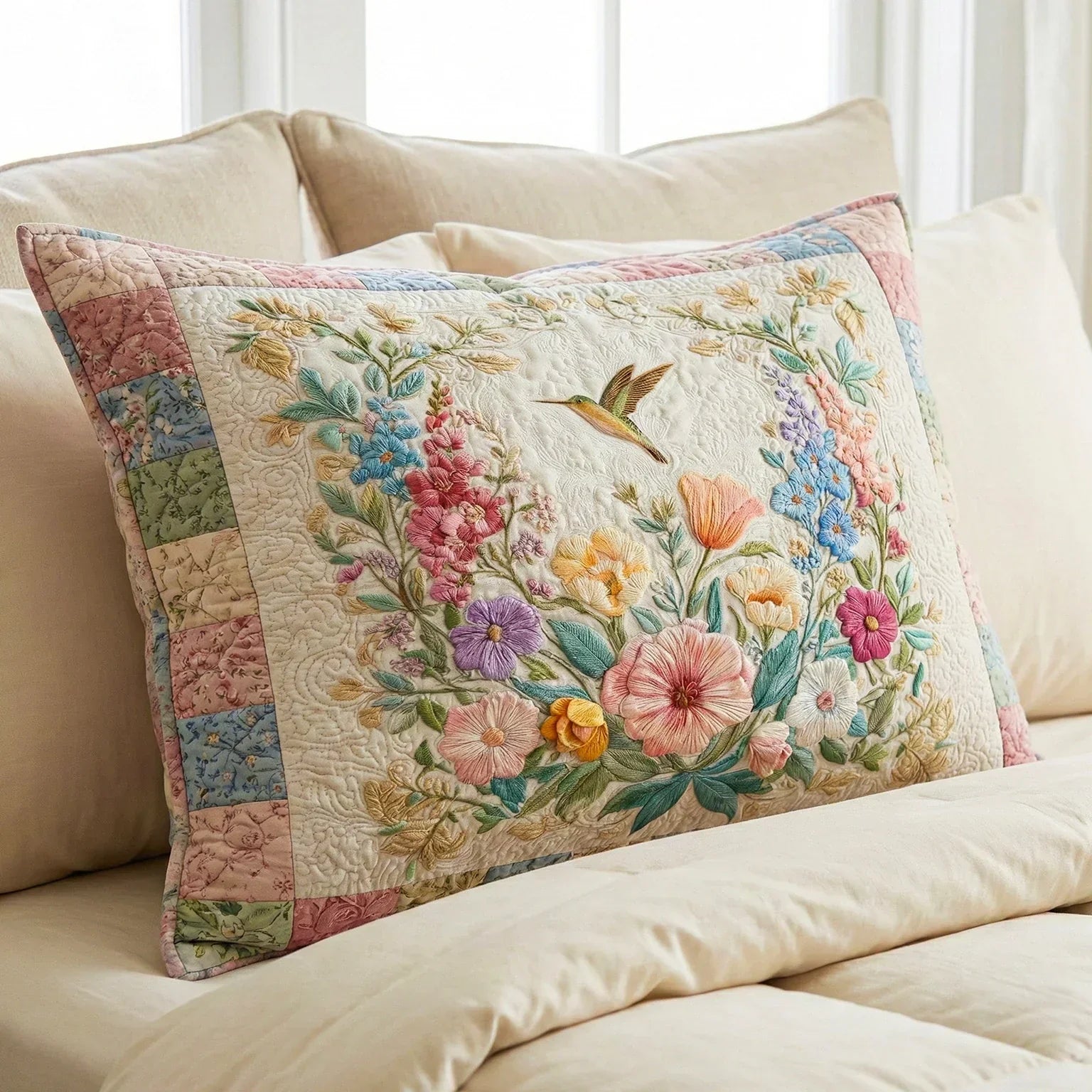 Housse de coussin matelassée à motif de champs fleuris, posée sur un lit – Manon Deauville
