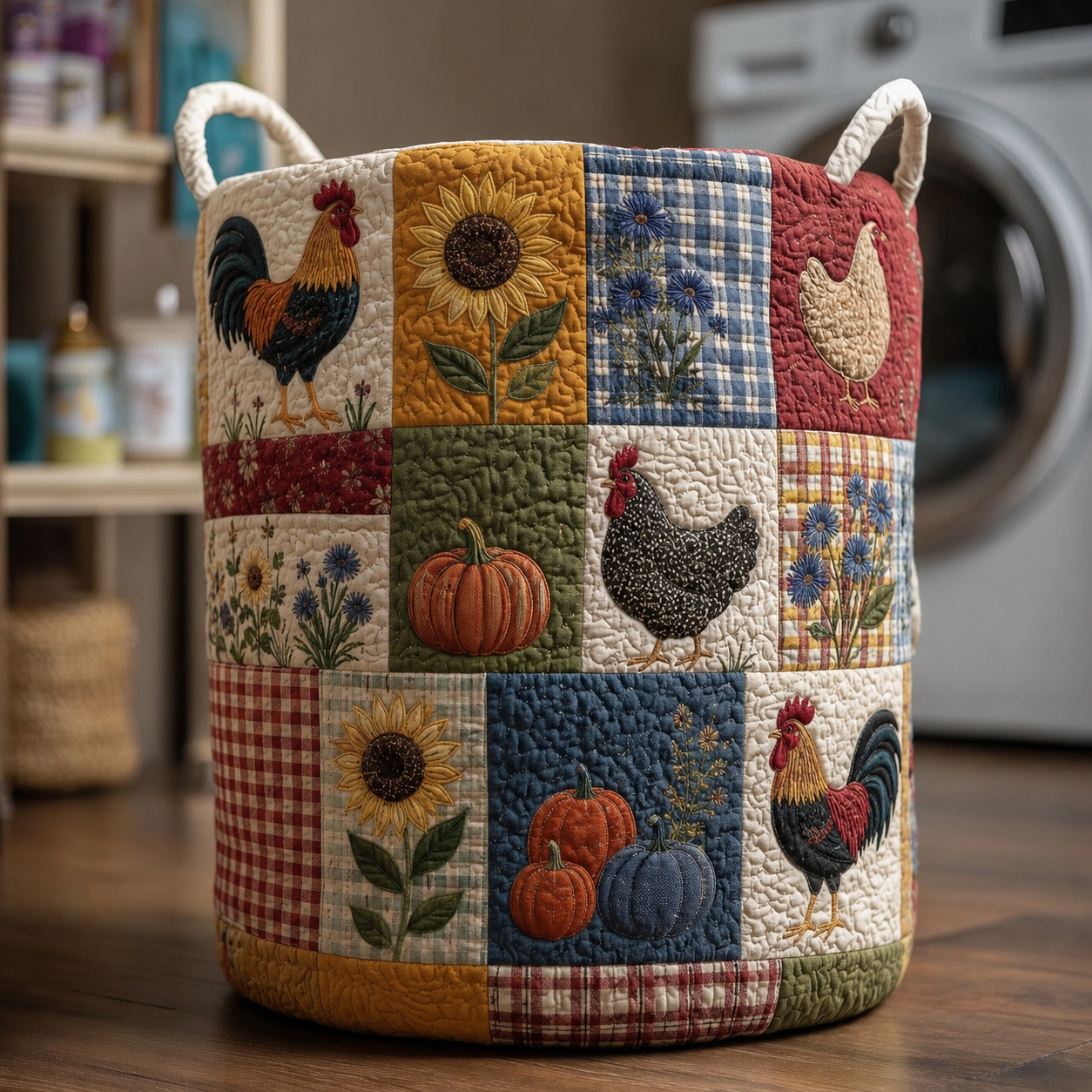 Panier à linge matelassé - Patchwork citrouille et coq