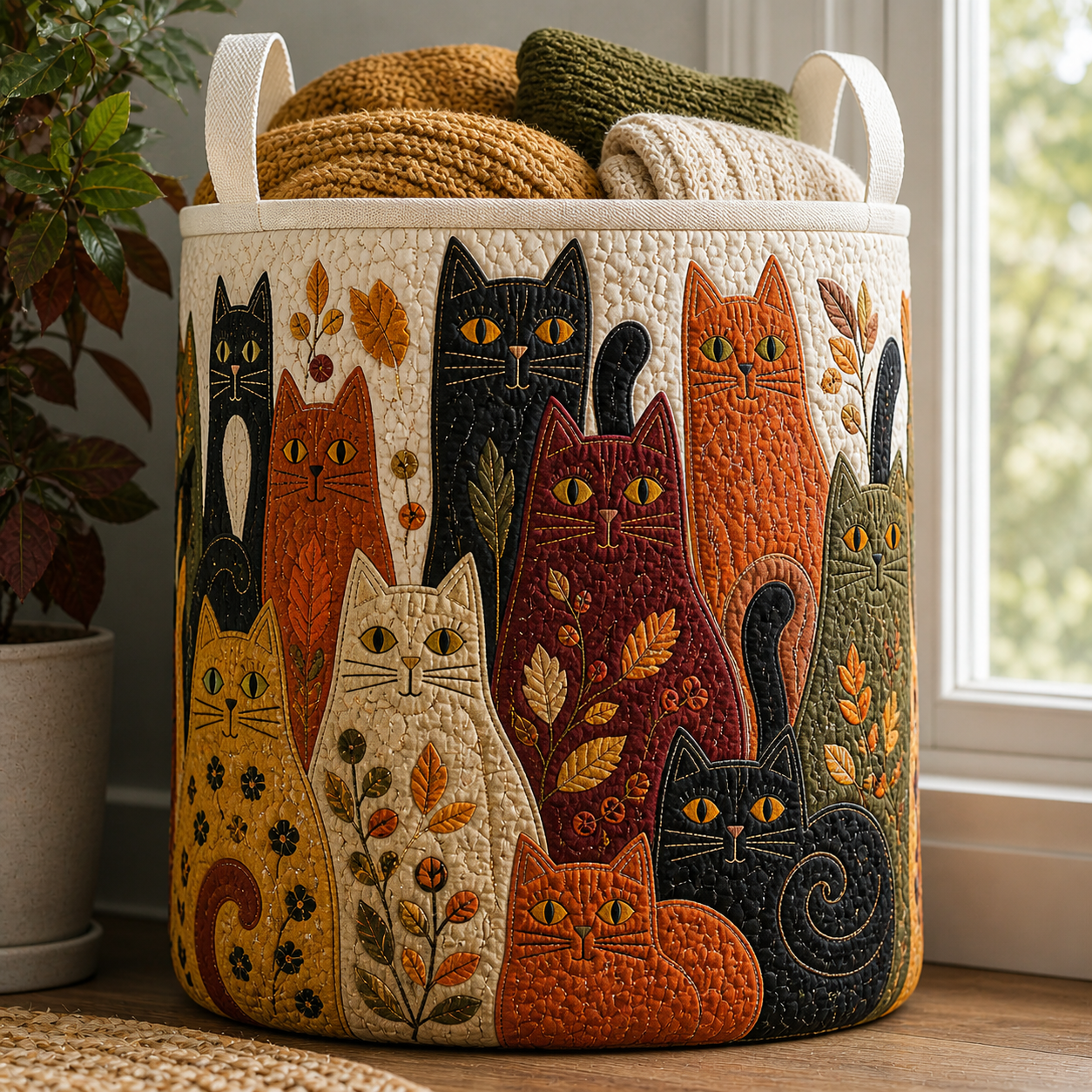 Panier à linge matelassé - Chats art folklorique