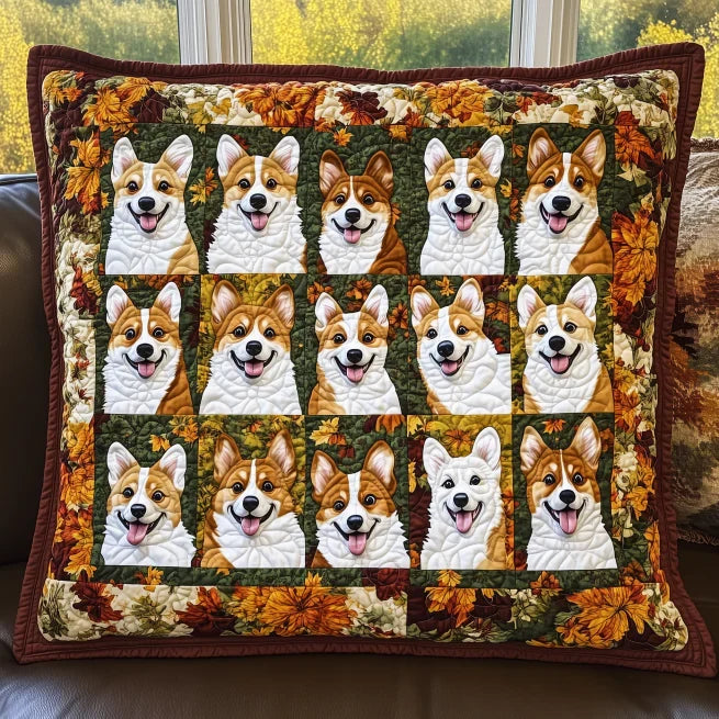 Housse de coussin matelassée - Corgi d'automne