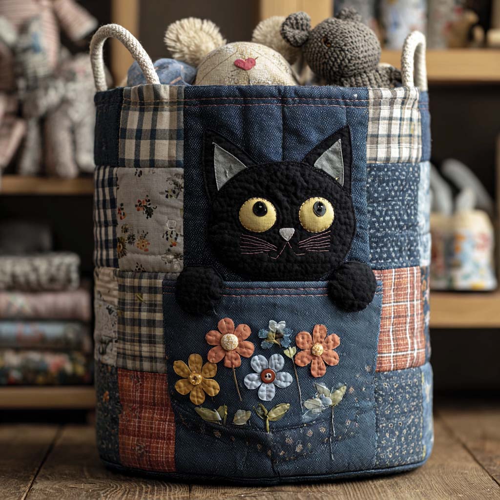Panier à linge matelassé Chaton denim – Manon Deauville
