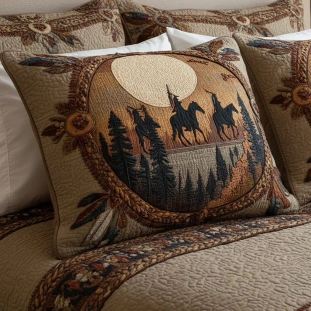 Housse de coussin matelassée à motif d'attrape-rêves bohème, posée sur un lit – Manon Deauville