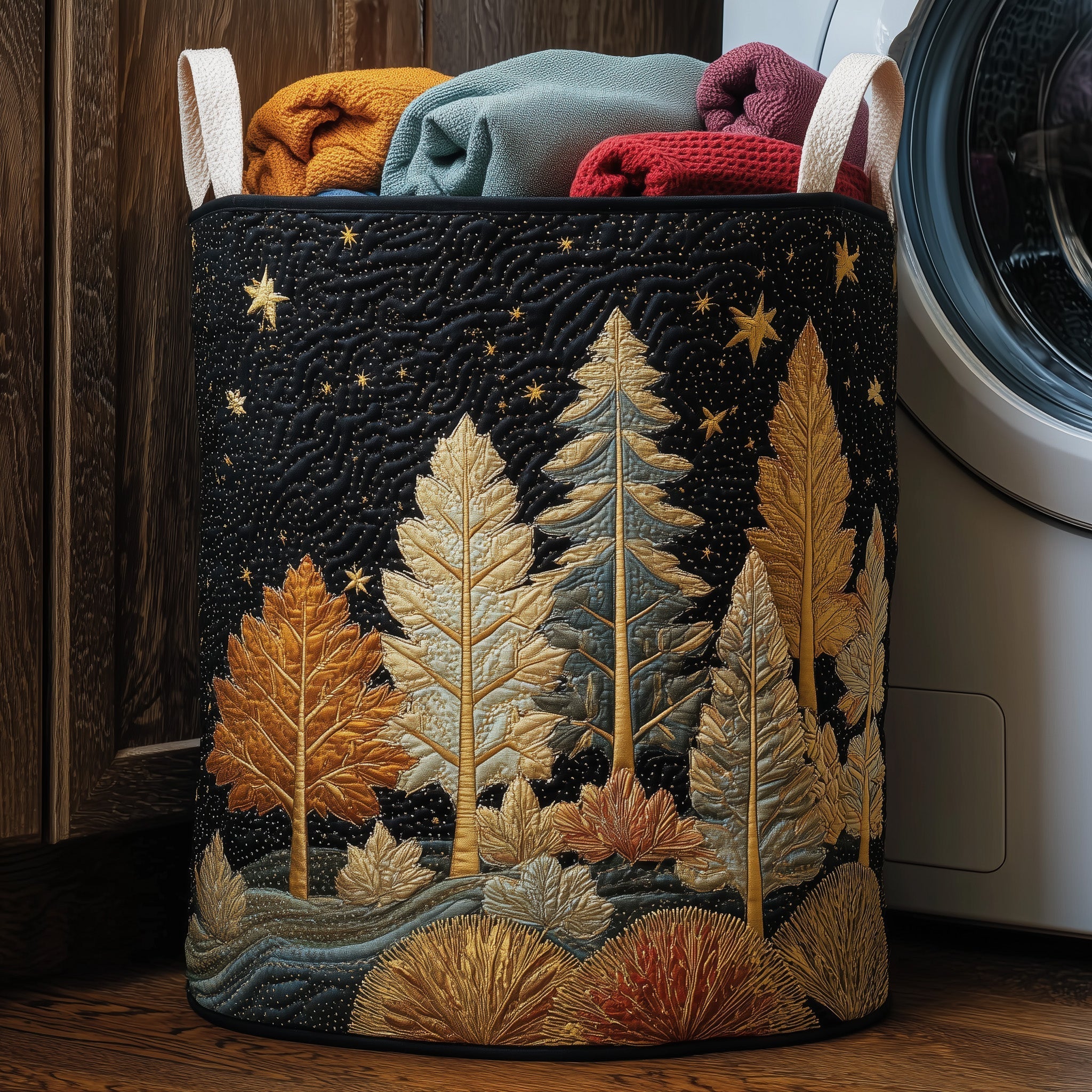 Panier à linge matelassé - Forêt à minuit