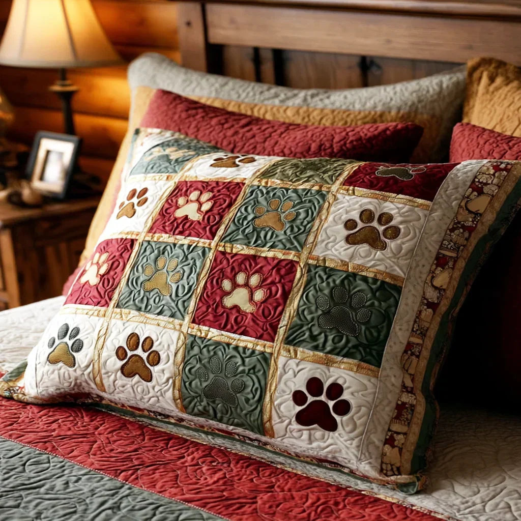 Housse de coussin matelassée à motif de pattes écarlates, posée sur un lit – Manon Deauville