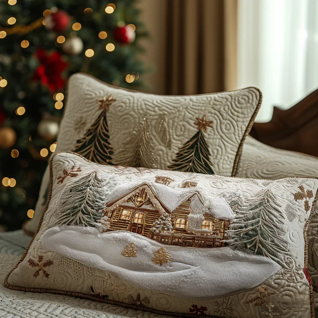 Housse de coussin matelassée à motif de chalet enneigé dans la lumière du soir – Manon Deauville