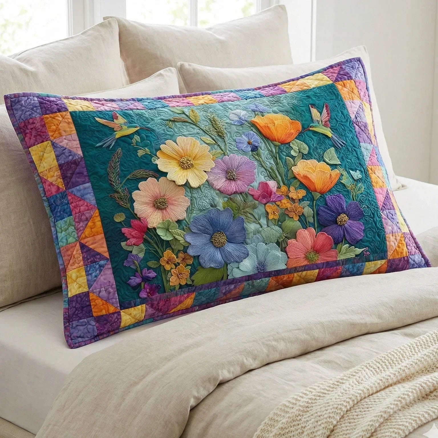 Housse de coussin matelassée à pétales pastel, posée sur un lit clair – Manon Deauville