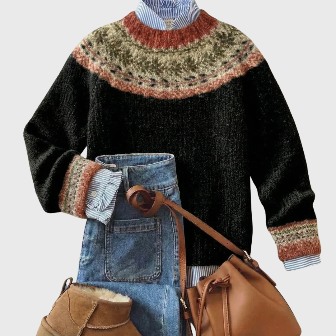 Martine | Pull noir à empiècement norvégien