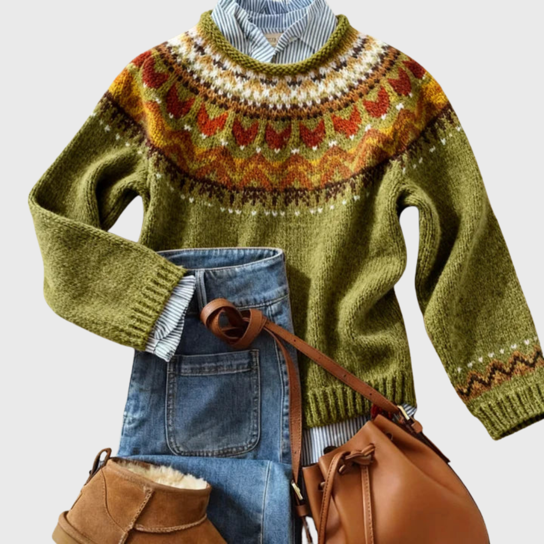 Monique | Pull rétro vert olive à motif norvégien