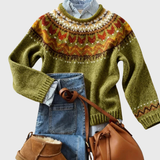Monique | Pull rétro vert olive à motif norvégien
