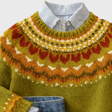 Monique | Pull rétro vert olive à motif norvégien