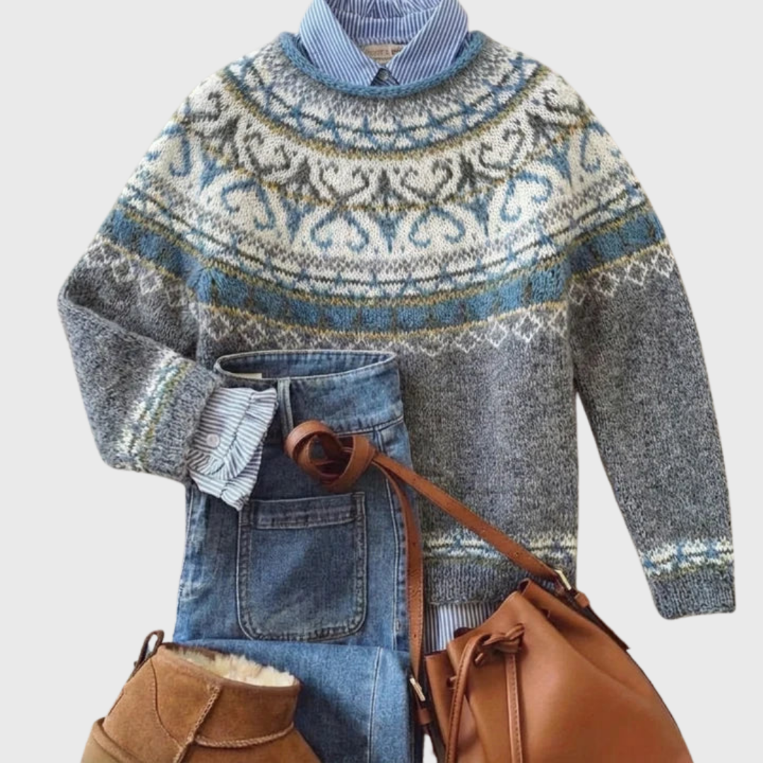 Dominique | Pull rétro gris clair à motif norvégien