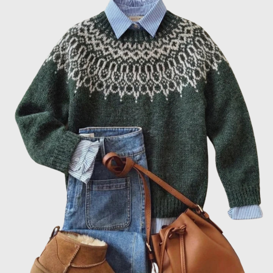 Agathe | Pull rétro vert foncé à motif flocons de neige