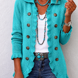 Marine | Veste en maille côtelée turquoise à volants