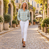 Clara | Tricot boutonné à carreaux bleu ciel
