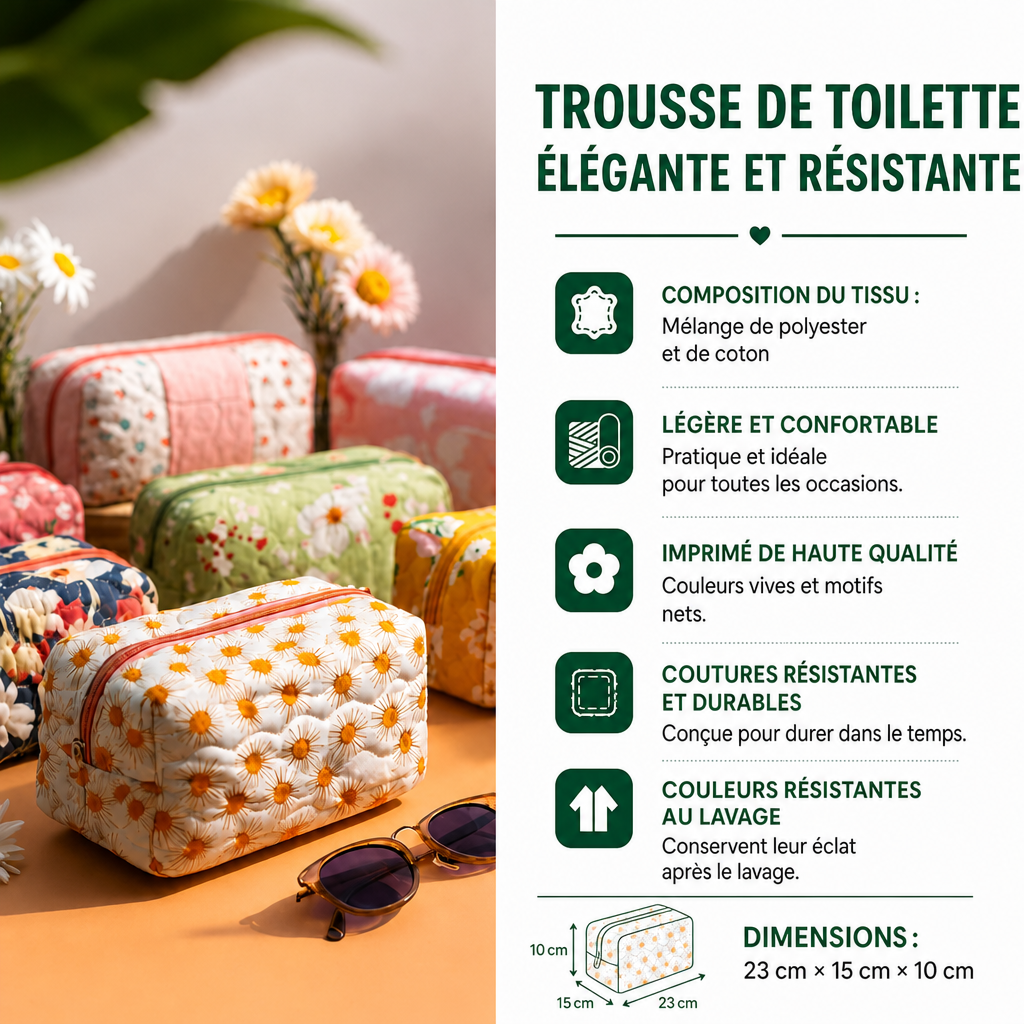 Trousse matelassée Ailes Colorées : tissu matelassé, fermeture à glissière et intérieur doublé